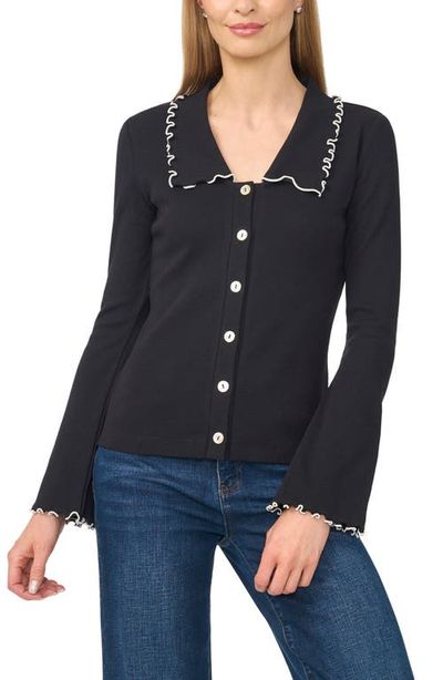 CeCe CeCe Lettuce Trim V-Neck Long Sleeve Ribbed Top