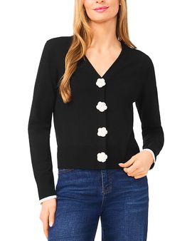 Cece CeCe Long Sleeve Tipped Cardigan with Crochet Flowers