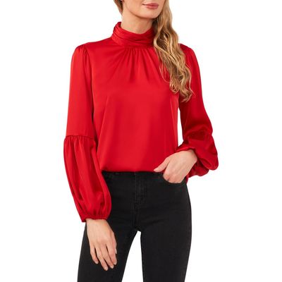 CeCe CeCe Mock Neck Blouson Sleeve Satin Top