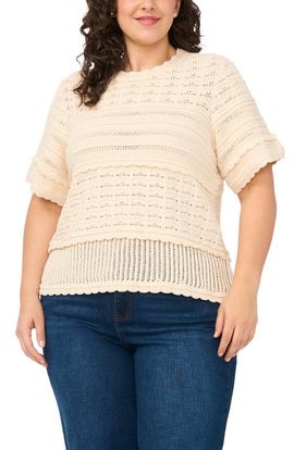 CeCe CeCe Multi Stitch Pointelle Knit Cotton Sweater