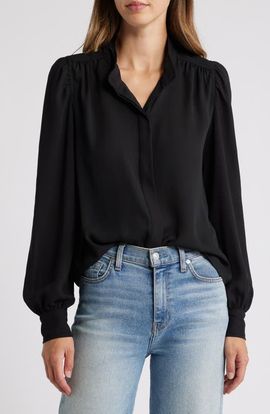 CeCe CeCe Open Collar Long Sleeve Georgette Button-Up Shirt