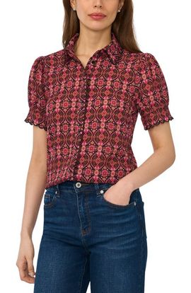 CeCe CeCe Paisley Puff Sleeve Crepe Button-Up Shirt