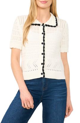 CeCe CeCe Pointelle Knit Cotton Button Front Sweater
