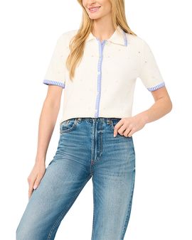 Cece CeCe Pointelle Short Sleeve Collared Cardigan