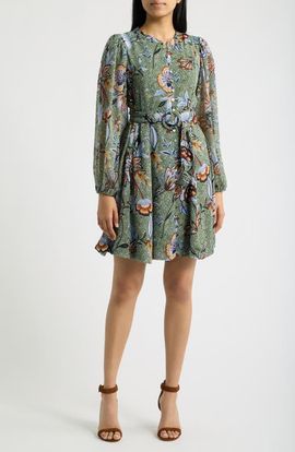 CeCe CeCe Print Belted Long Sleeve Dress