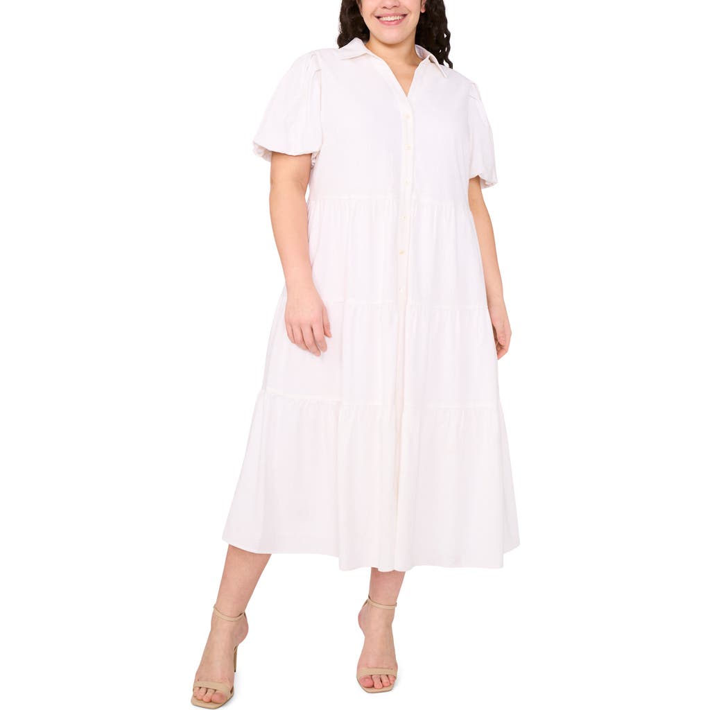 CeCe CeCe Puff Sleeve Tiered Linen Blend Maxi Shirtdress