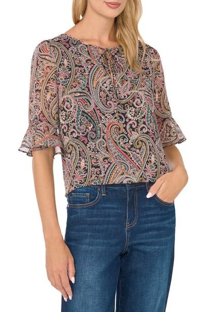CeCe CeCe Ruffle Cuff Split Tie Neck Top