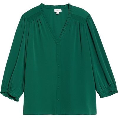 CeCe CeCe Ruffle Trim V-Neck Button-Up Top