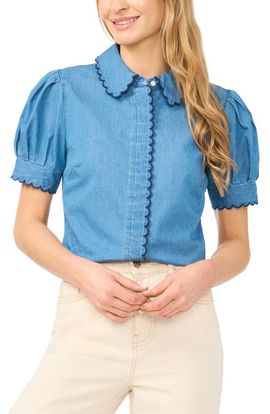 CeCe CeCe Scallop Trim Puff Sleeve Denim Placket Button-Up Shirt