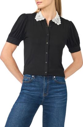 CeCe CeCe Scalloped Lace Collar Short Sleeve Shirt