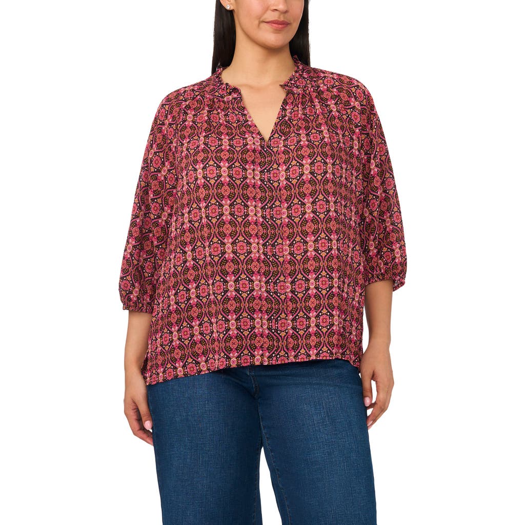 CeCe CeCe Scarf Print Split Neck Crepe Top
