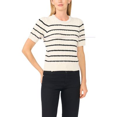 CeCe CeCe Stripe Cable Knit Short Sleeve Sweater