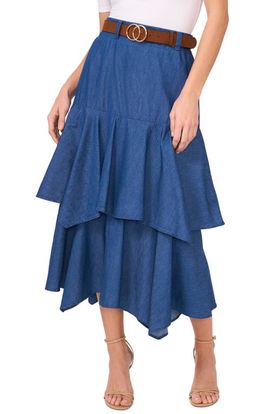 CeCe CeCe Tiered Denim Midi Skirt with Brown Golden Buckle Belt