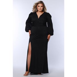 Celebrations by Sydney's Closet Celebrations by Sydney's Closet Plus Size V-Neck Long Puff Sleeve Evening Dress
