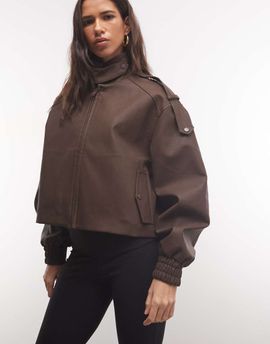 Cernucci Cernucci boxy faux leather funnel neck jacket in chocolate brown