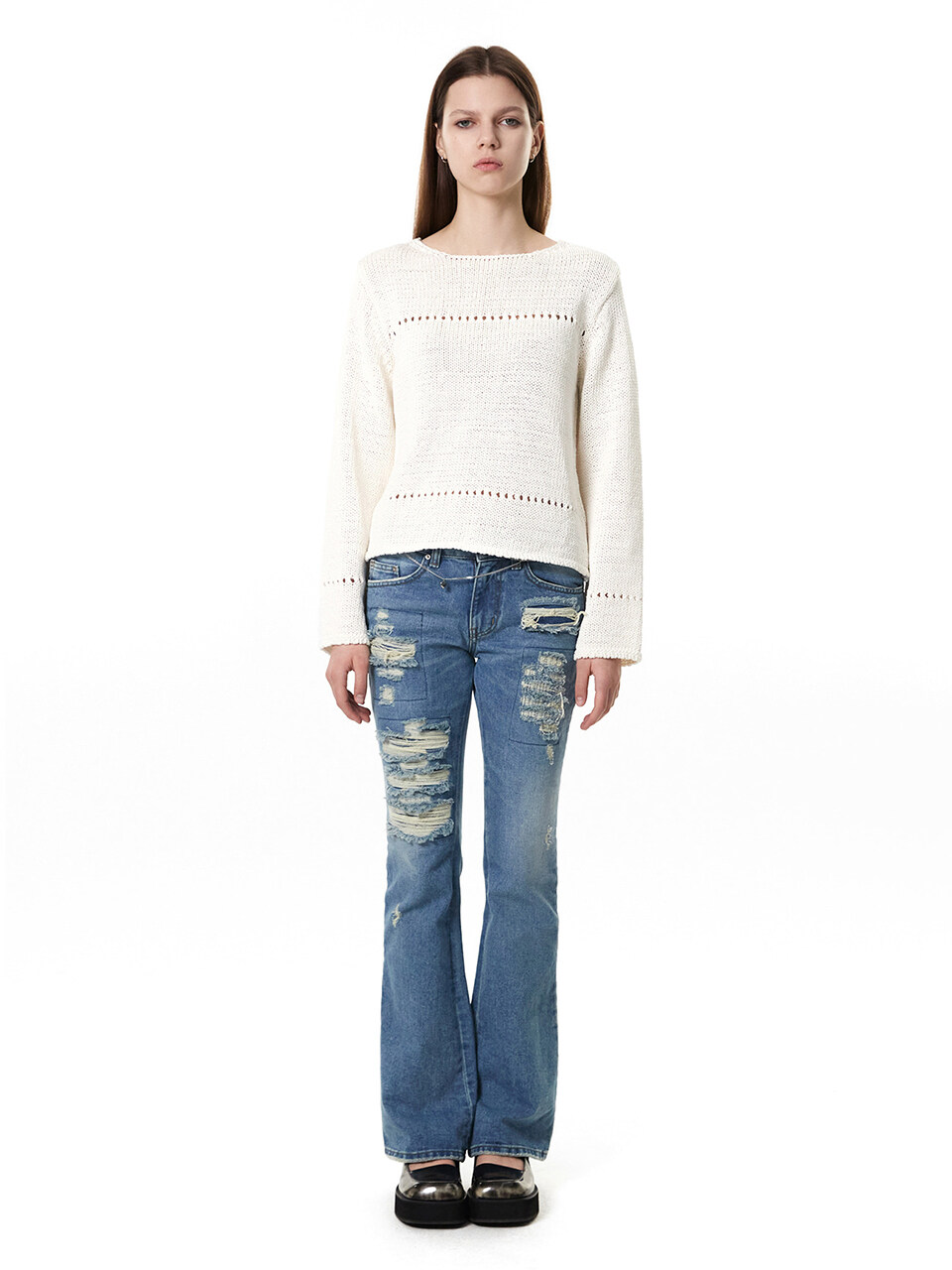 CERRIC Destroyed Boot Cut Jeans_Light Blue