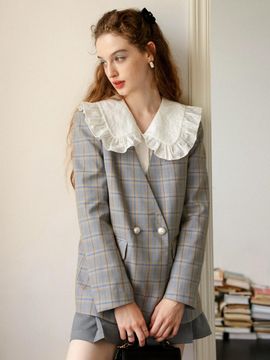 Cest Moidew Blue Check Collarless Jacket_Gray