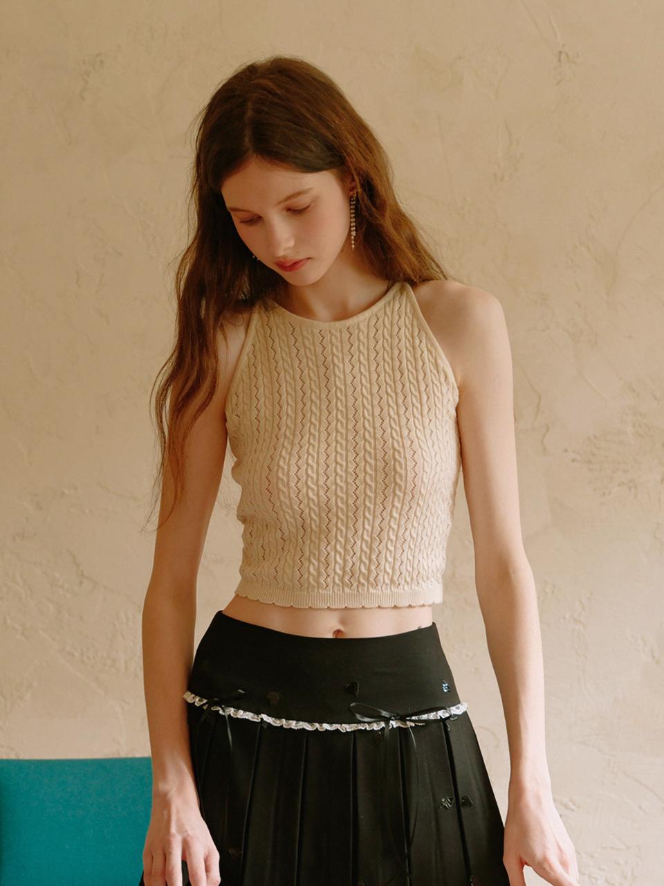 Cest Moidew Cable Knit Halter Neck Sweetheart Top [Light Beige]