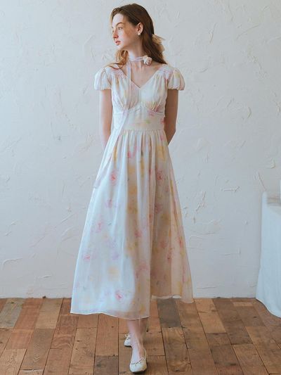 Cest Moidew Cest Chiffon Floral V-Neck Scarf Dress