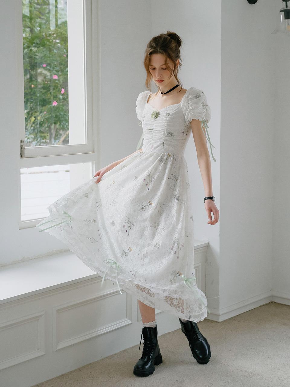 Cest Moidew Cest Floral Lace Pleated Puff Sleeve Maxi Dress