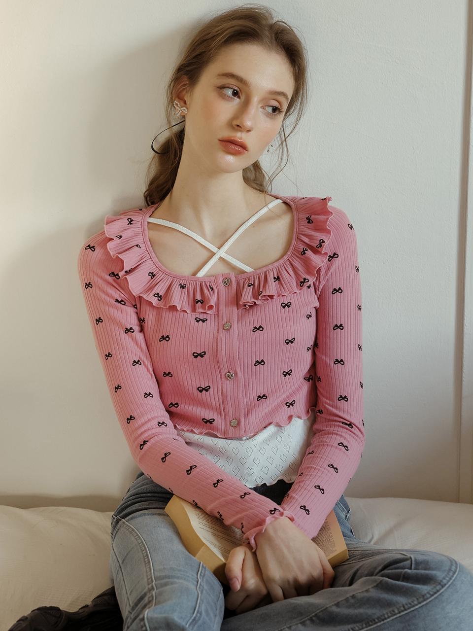 Cest Moidew Cest_Lovely Ribbon Ruffled Neck Top