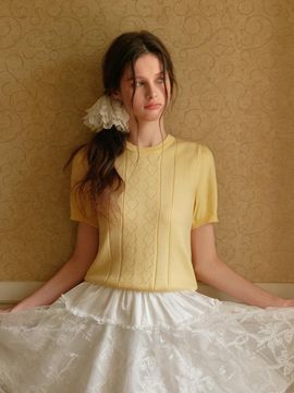 Cest Moidew Crochet Knit Sweetheart Neckline Short Sleeve Top [Yellow]