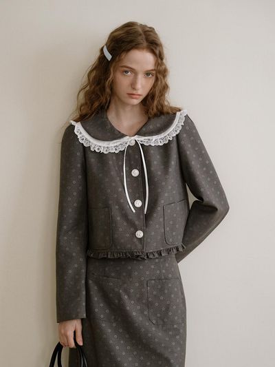 Cest Moidew Dark Gray Floral Collar Jacket