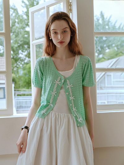 Cest Moidew Lace Bow Short Sleeve Cardigan