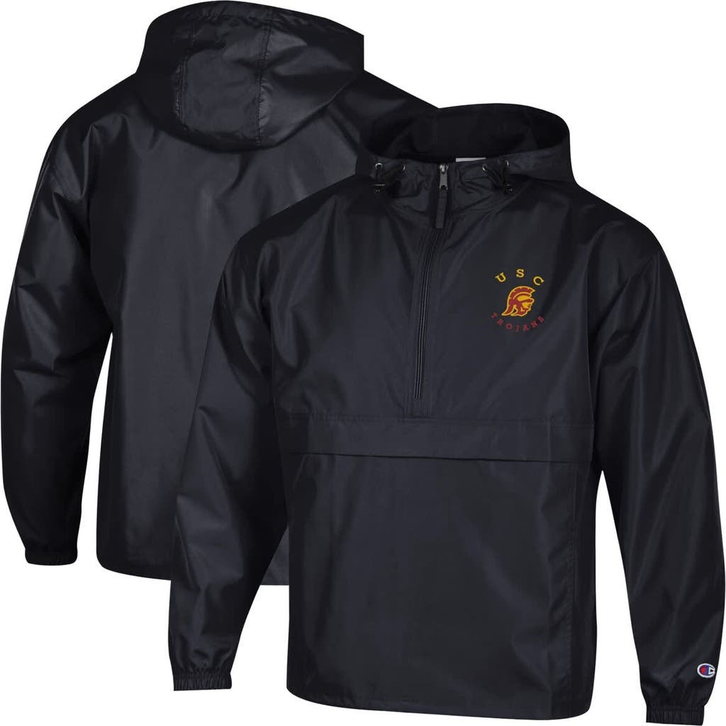Champion Men's Champion  Black USC Trojans Packable Hooded Windbreaker Half-Zip Jacket 