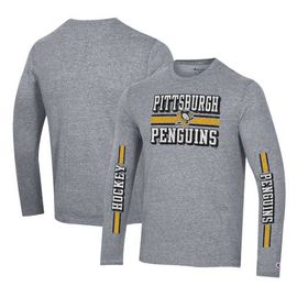 Champion Men's Champion Heather Gray Pittsburgh Penguins Tri-Blend Dual-Stripe Long Sleeve T-Shirt 