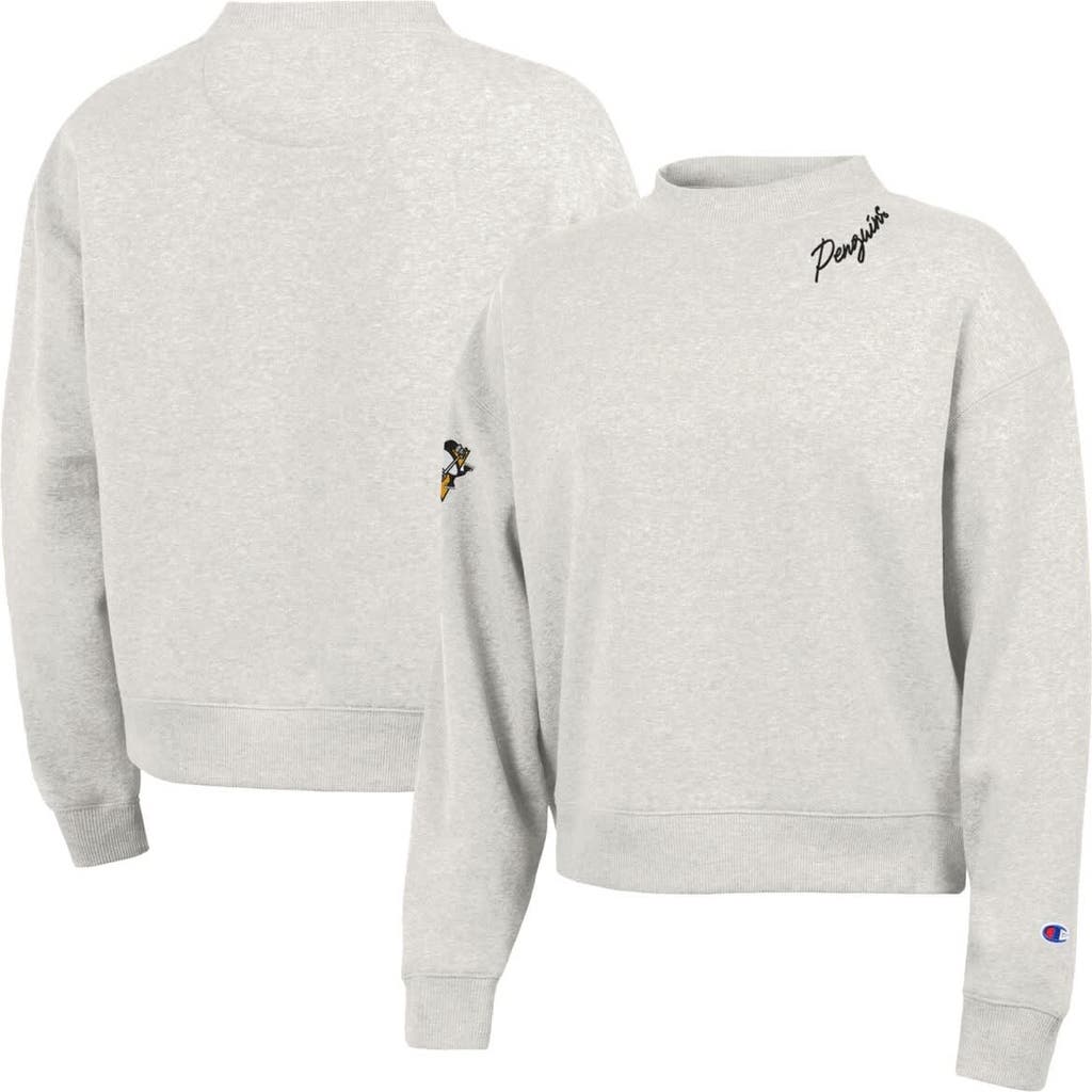 Champion Women's Champion Oatmeal Pittsburgh Penguins Collar Script Triumph Fleece Crewneck Sweatshirt 