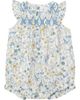 Charlotte & George Charlotte & George Baby Girl Floral Woven Bubble Romper - 100% Cotton, Smocked Embroidered Yoke - 1