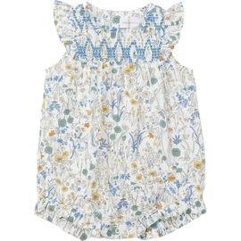 Charlotte & George Charlotte & George Baby Girl Floral Woven Bubble Romper - 100% Cotton, Smocked Embroidered Yoke