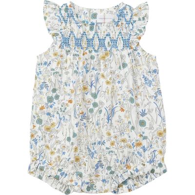 Charlotte & George Charlotte & George Baby Girl Floral Woven Bubble Romper - 100% Cotton, Smocked Embroidered Yoke