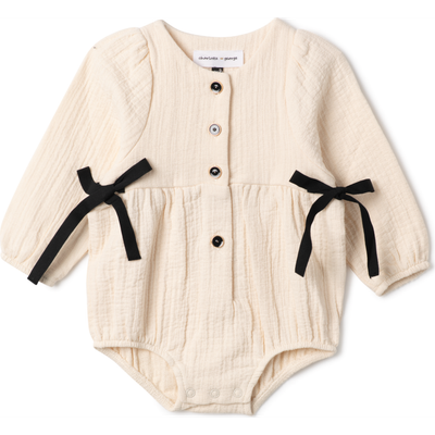 Charlotte & George Charlotte & George Baby Woven Cotton Bubble Romper with Velvet Ribbon and Button Closure
