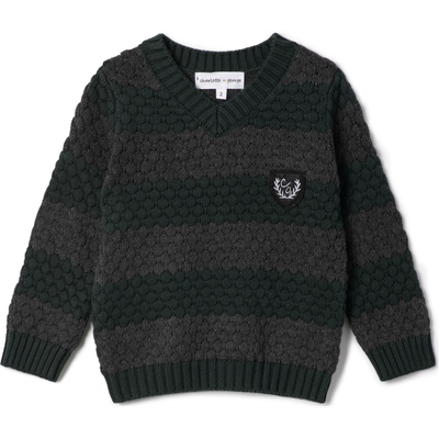 Charlotte & George Charlotte & George Striped V-Neck Sweater with Crest Patch