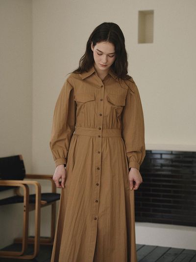 CHARMEUSE Cotton Nylon Flare Banding Shirt Dress