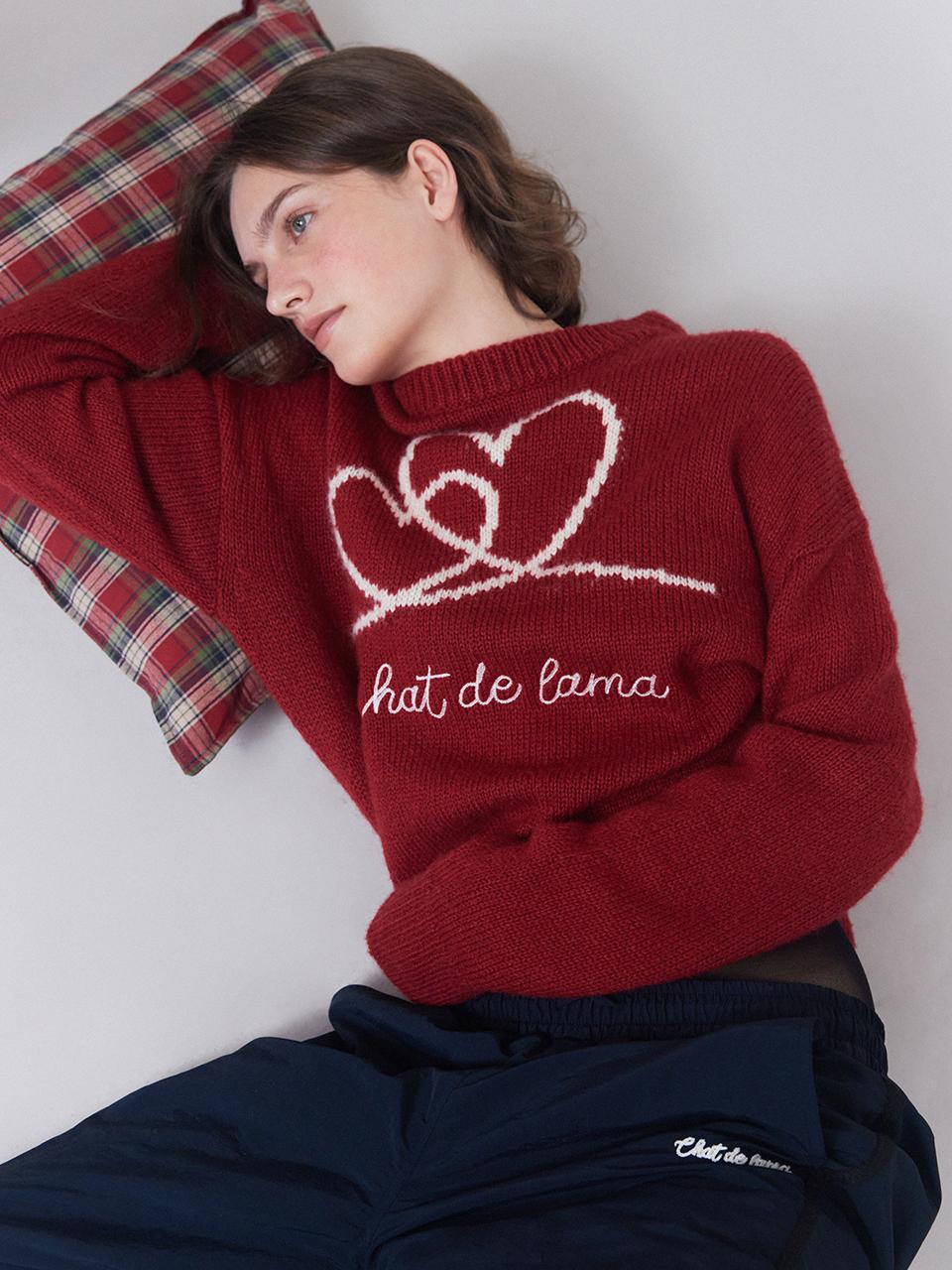 chat de lama Heart Lettering Wool Blend Knit [RED]