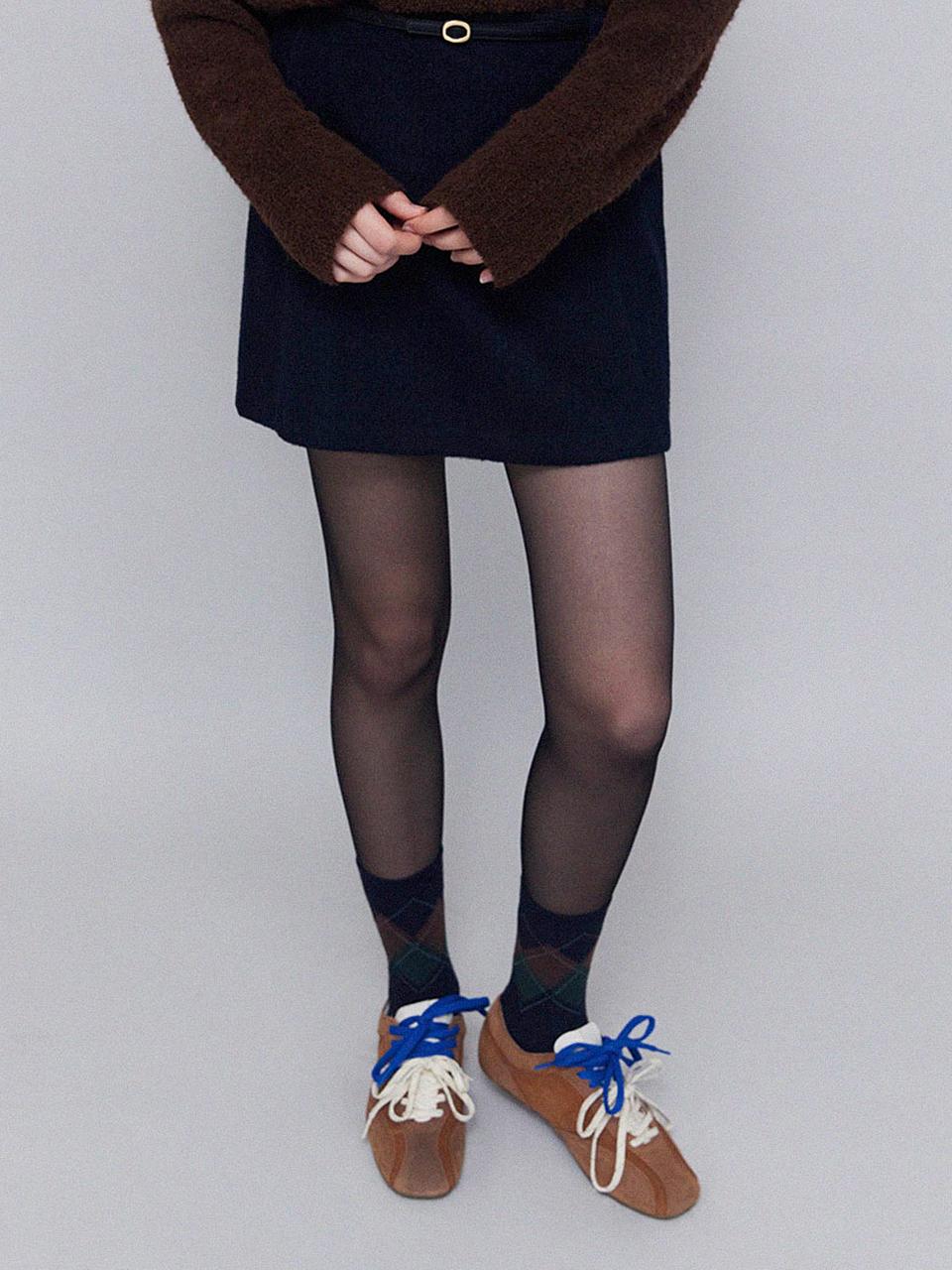 chat de lama Low Rise Belted Wool A-line Skirt [Navy]