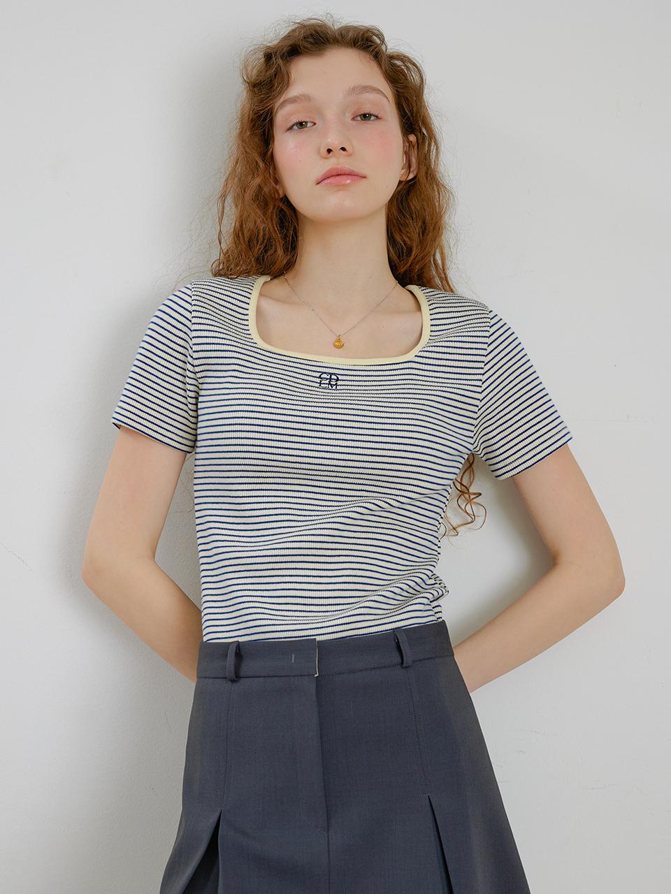 chat de lama Square Neck Striped T-Shirt (Yellow)
