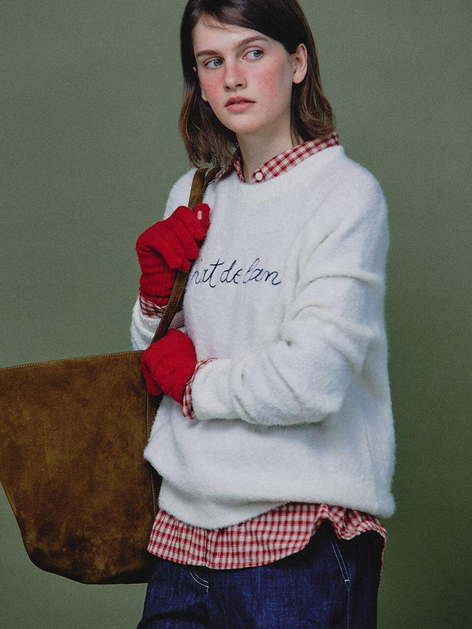 chat de lama WOOL BOUCLE LETTERING KNIT [WHITE]
