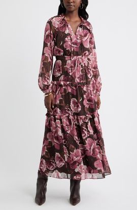 Chelsea28 Chelsea28 Floral Metallic Clip Dot Ruffle Tiered Midi Dress