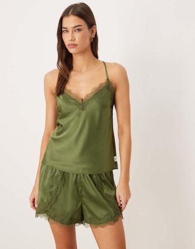 Chelsea Peers Chelsea Peers Bridesmaids satin cross back cami top and tulip hem shorts sleepwear set in khaki green
