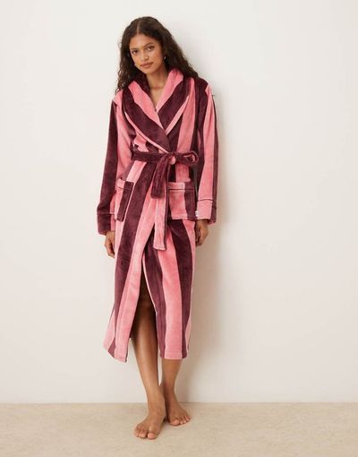 Chelsea Peers Chelsea Peers Fleece robe in multi stripe print-pink