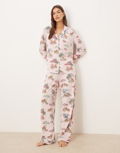 Chelsea Peers Chelsea Peers leopard summer print jersey camp collar pajama set in pink