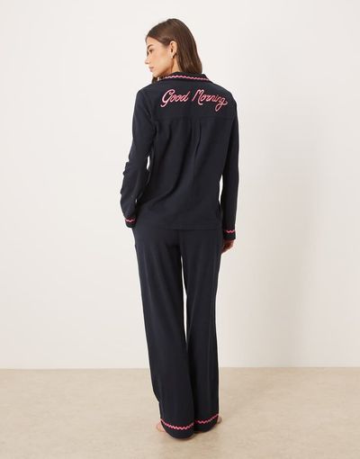 Chelsea Peers Chelsea Peers long button up pajama set with good morning embroidery and wavy trim in navy