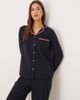 Chelsea Peers Chelsea Peers long button up pajama set with good morning embroidery and wavy trim in navy - 2