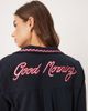 Chelsea Peers Chelsea Peers long button up pajama set with good morning embroidery and wavy trim in navy - 3