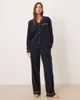 Chelsea Peers Chelsea Peers long button up pajama set with good morning embroidery and wavy trim in navy - 4