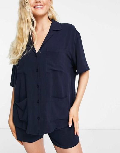 Chelsea Peers Chelsea Peers oversized utility style shirt and short set in navy